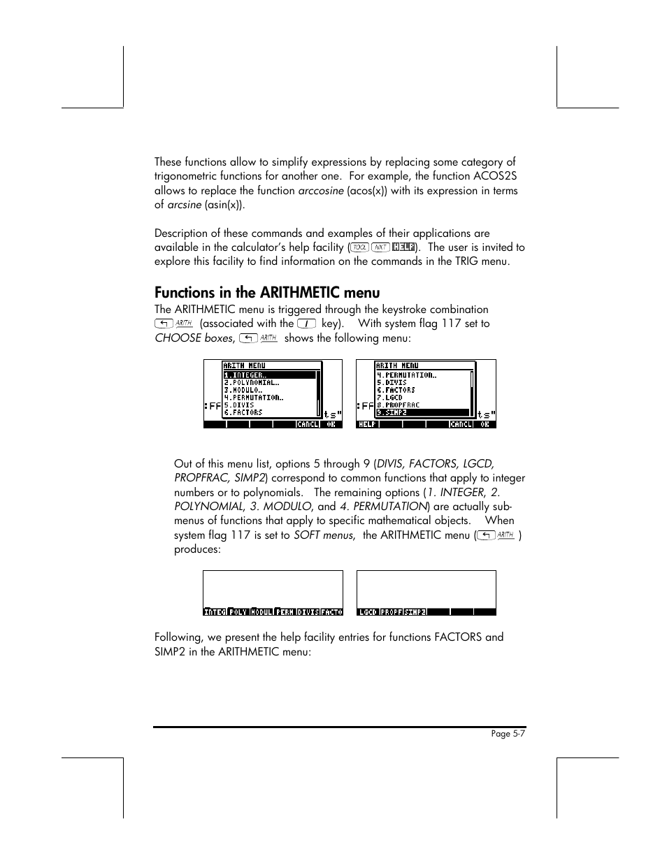 Functions in the arithmetic menu | HP 49g+ User Manual | Page 85 / 176