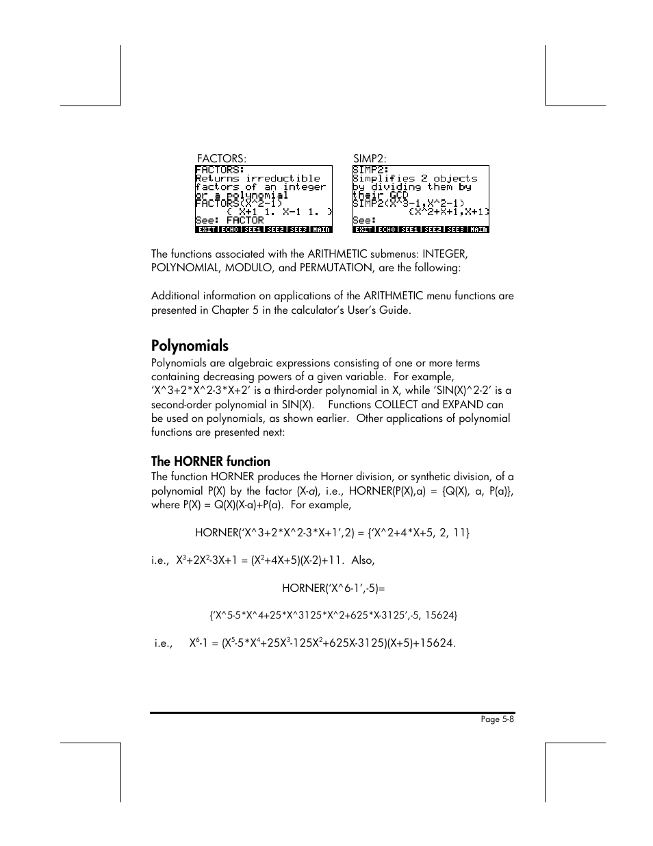 Polynomials, The horner function | HP 49g+ User Manual | Page 86 / 176