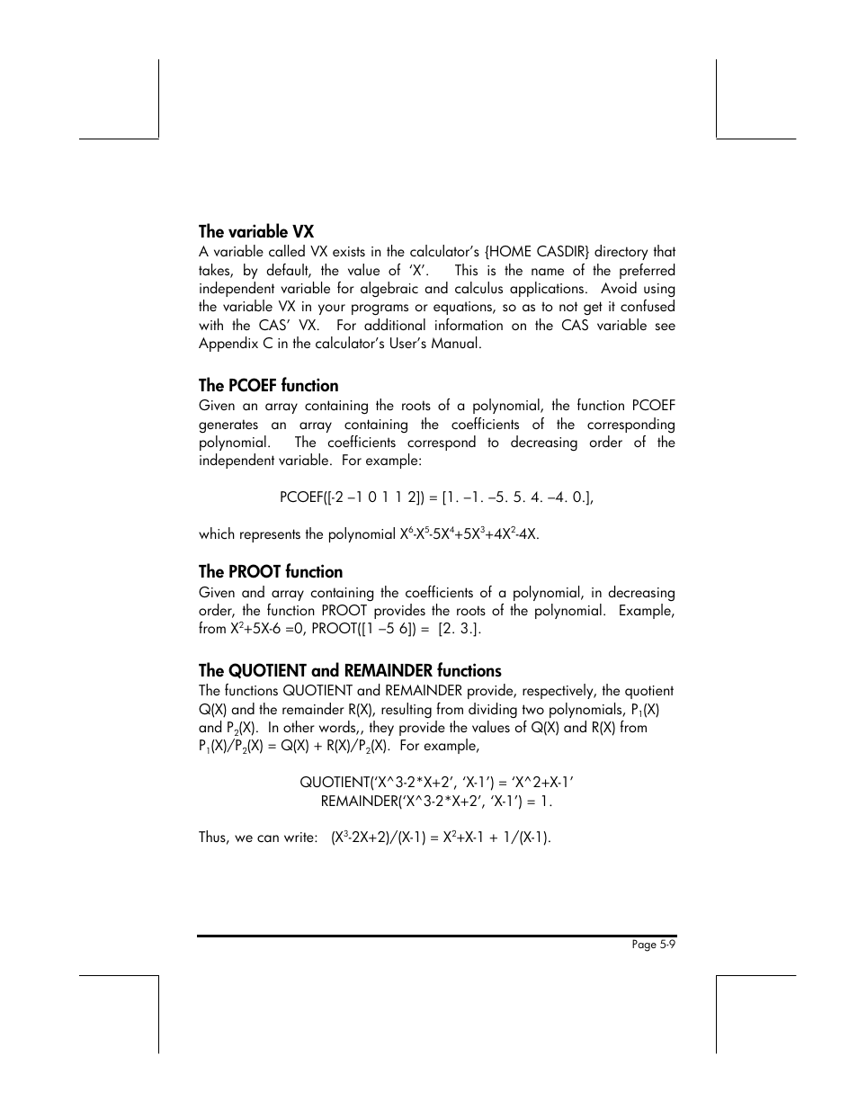 The variable vx, The pcoef function, The proot function | The quotient and remainder functions | HP 49g+ User Manual | Page 87 / 176