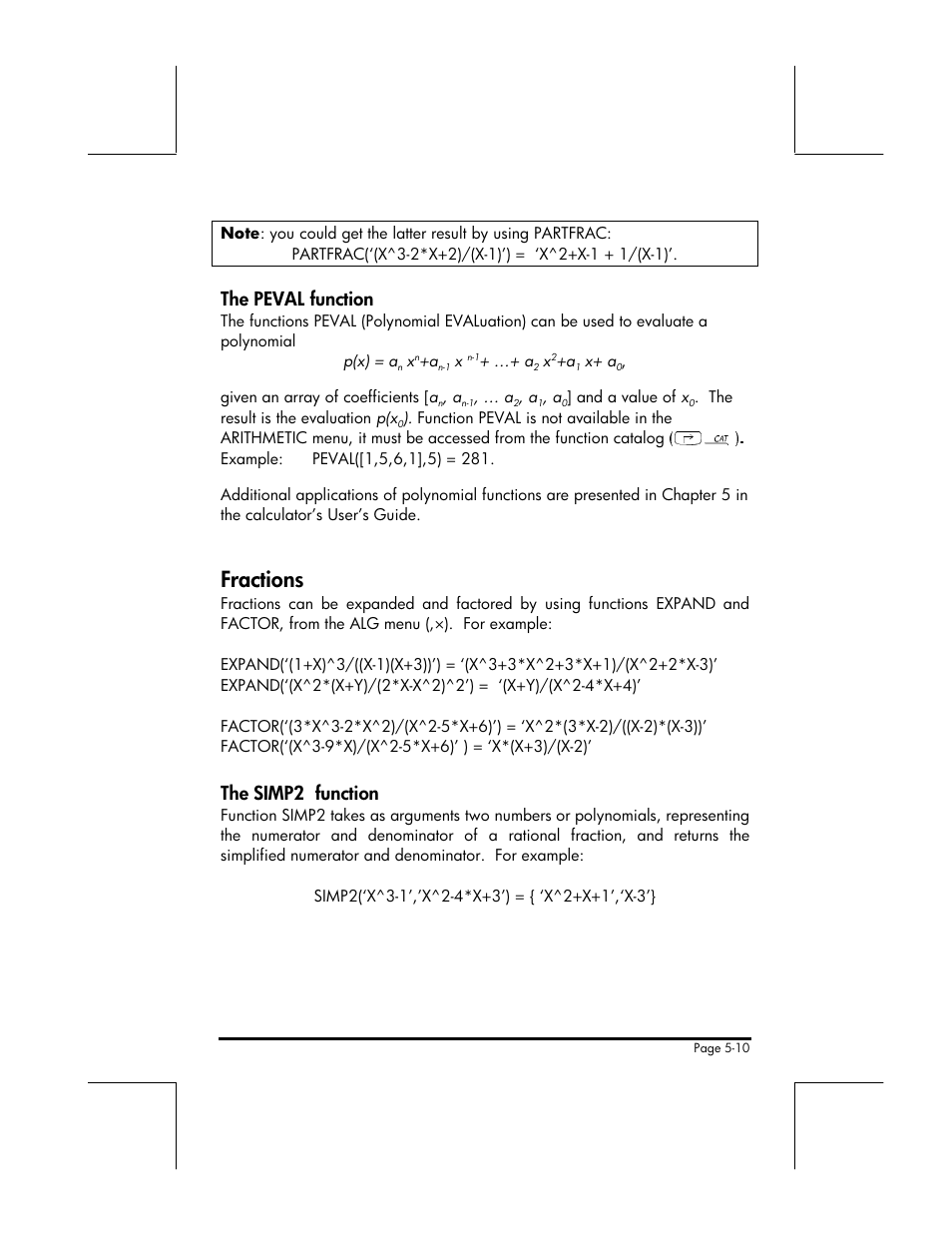 Fractions, The peval function, The simp2 function | HP 49g+ User Manual | Page 88 / 176