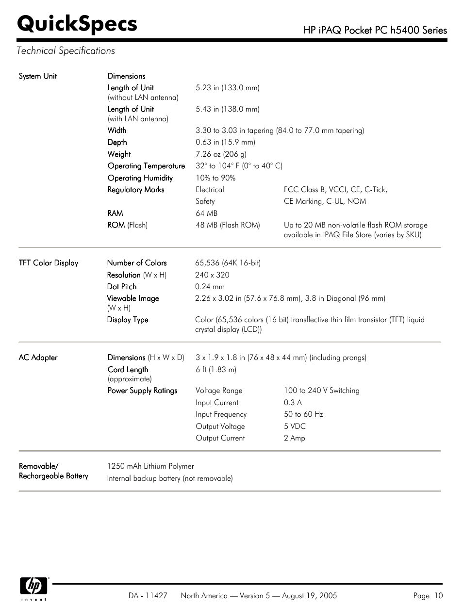 Technical specifications, Quickspecs, Hp ipaq pocket pc h5400 series | HP QuickSpecs H5400 User Manual | Page 10 / 13