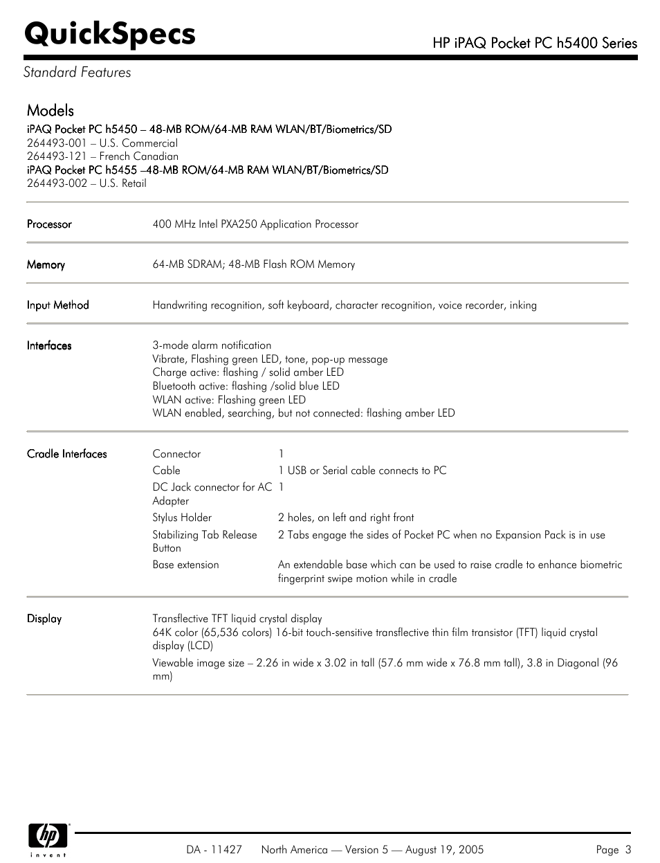 Standard features, Quickspecs, Models | Hp ipaq pocket pc h5400 series, Hp ipaq pocket pc h5400 series standard features | HP QuickSpecs H5400 User Manual | Page 3 / 13