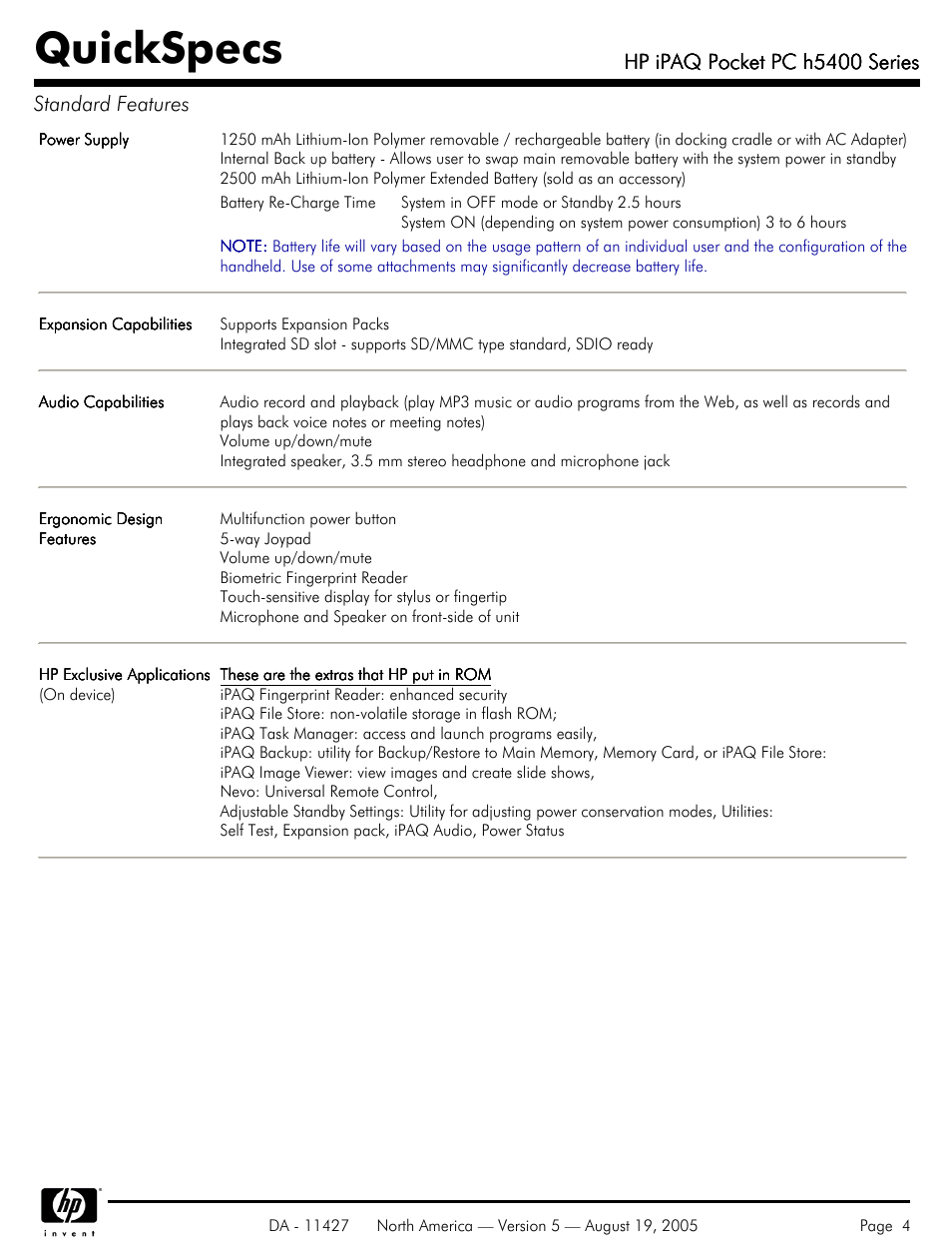 Quickspecs, Hp ipaq pocket pc h5400 series, Hp ipaq pocket pc h5400 series standard features | HP QuickSpecs H5400 User Manual | Page 4 / 13