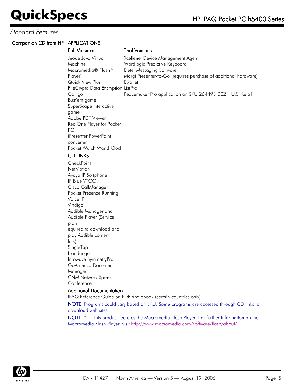 Quickspecs, Hp ipaq pocket pc h5400 series, Hp ipaq pocket pc h5400 series standard features | HP QuickSpecs H5400 User Manual | Page 5 / 13