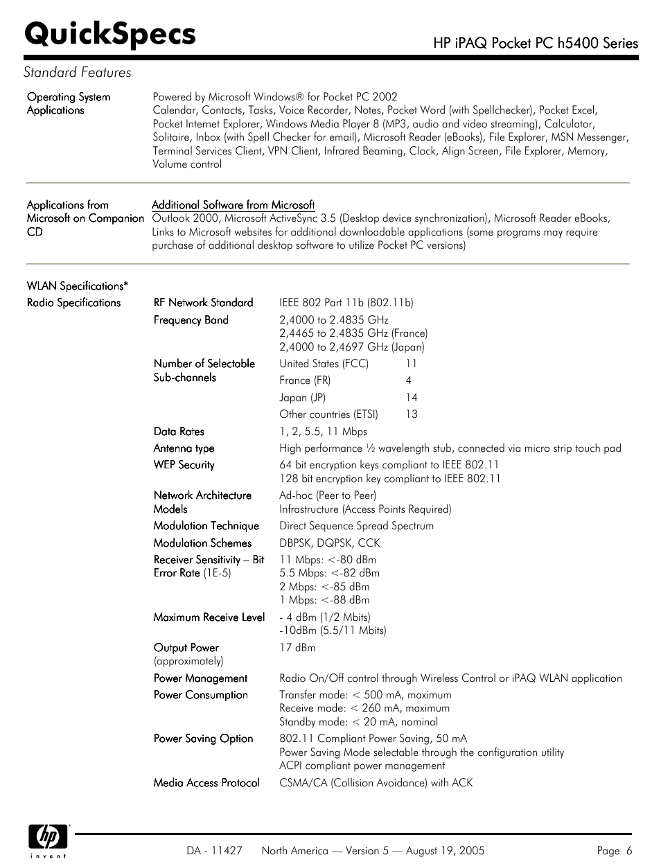Quickspecs, Hp ipaq pocket pc h5400 series, Hp ipaq pocket pc h5400 series standard features | HP QuickSpecs H5400 User Manual | Page 6 / 13