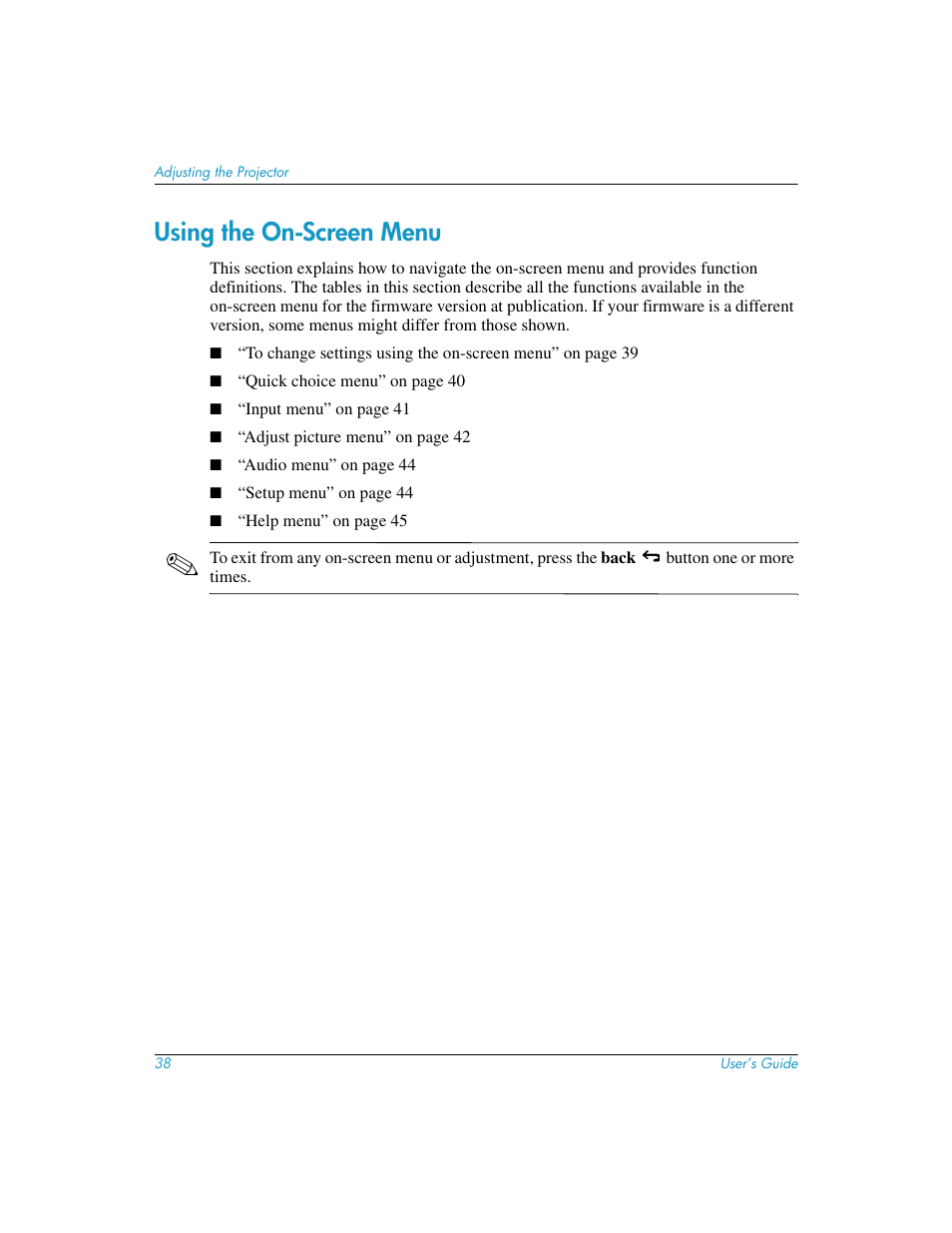 Using the on-screen menu | HP mp3130 User Manual | Page 38 / 84
