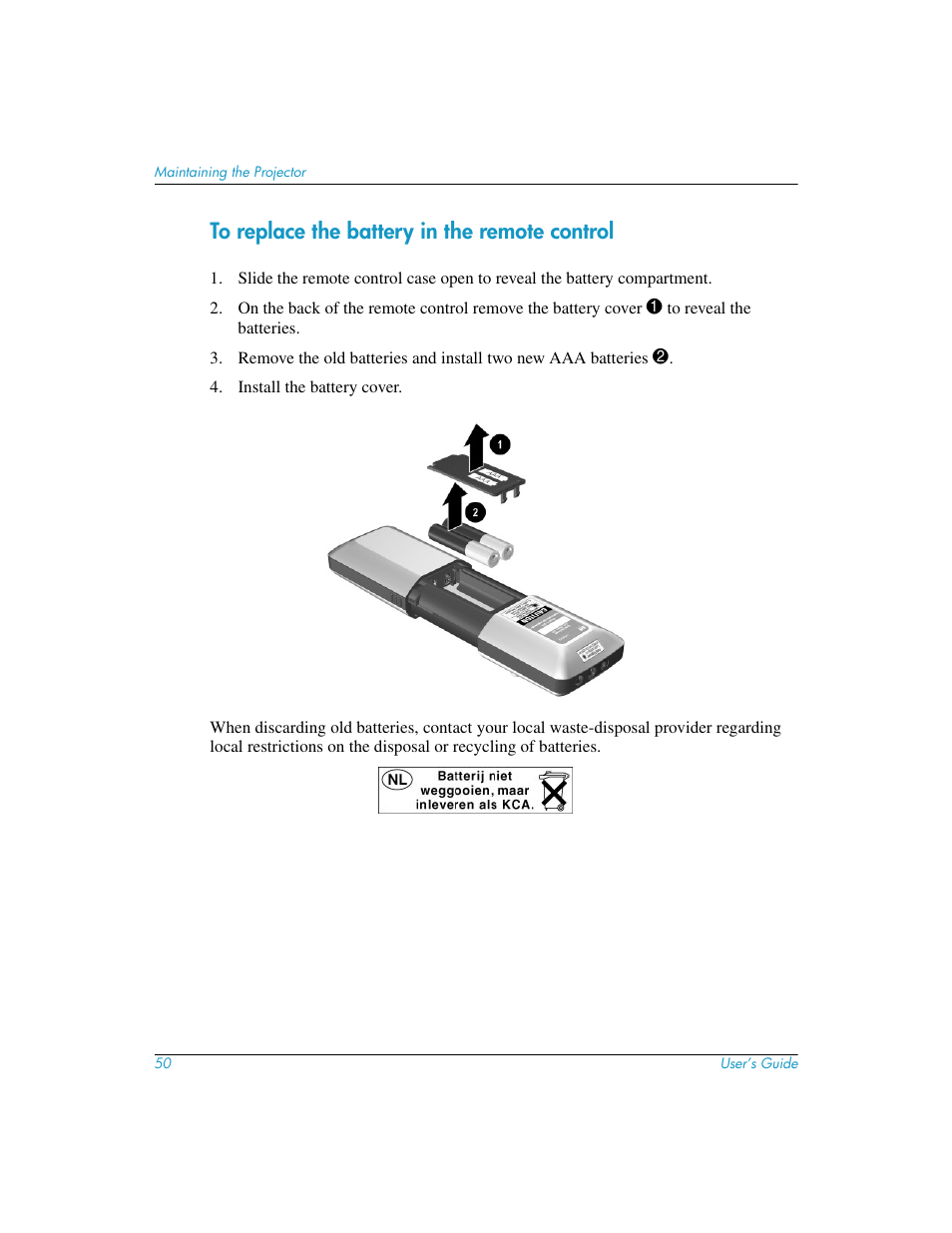 To replace the battery in the remote control | HP mp3130 User Manual | Page 50 / 84