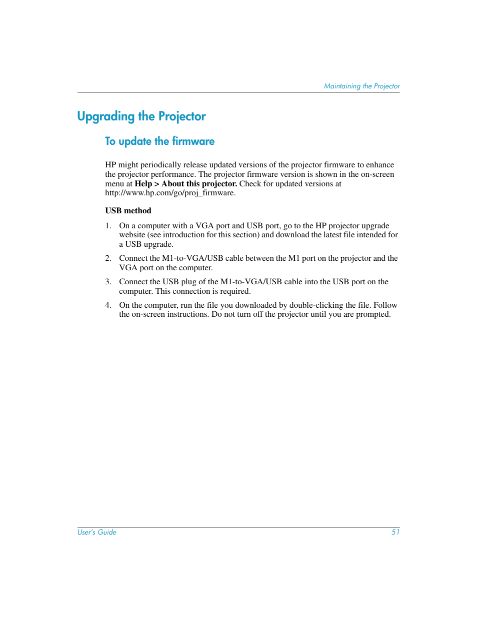 Upgrading the projector, To update the firmware | HP mp3130 User Manual | Page 51 / 84