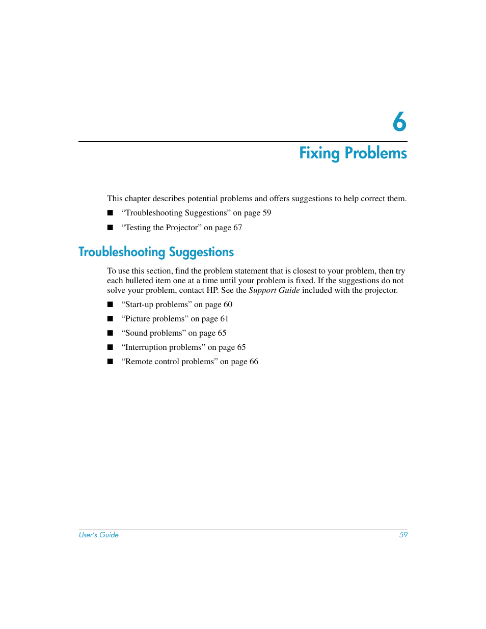 Fixing problems, Troubleshooting suggestions, 6 fixing problems | HP mp3130 User Manual | Page 59 / 84