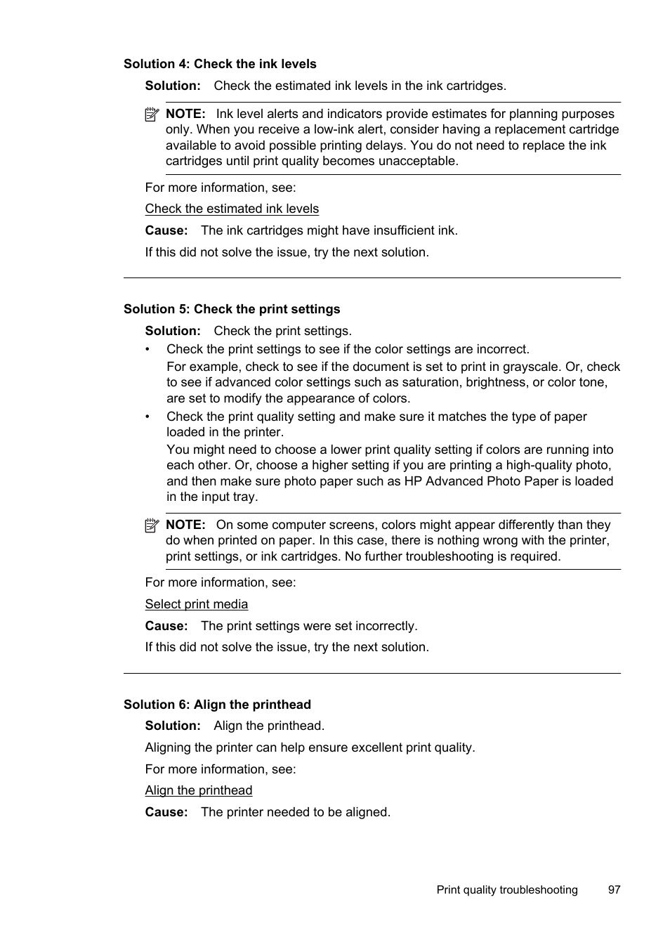 Solution 4: check the ink levels, Solution 5: check the print settings, Solution 6: align the printhead | HP Officejet 6500A Plus User Manual | Page 101 / 250