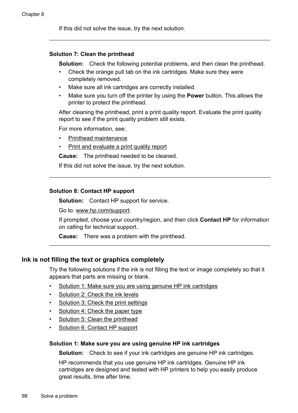 Ink is not filling the text or graphics completely, Solution 7: clean the printhead, Solution 8: contact hp support | HP Officejet 6500A Plus User Manual | Page 102 / 250