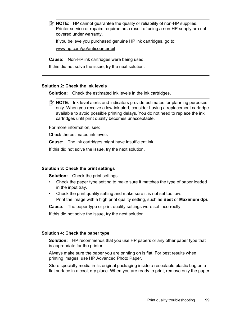 Solution 2: check the ink levels, Solution 3: check the print settings, Solution 4: check the paper type | HP Officejet 6500A Plus User Manual | Page 103 / 250