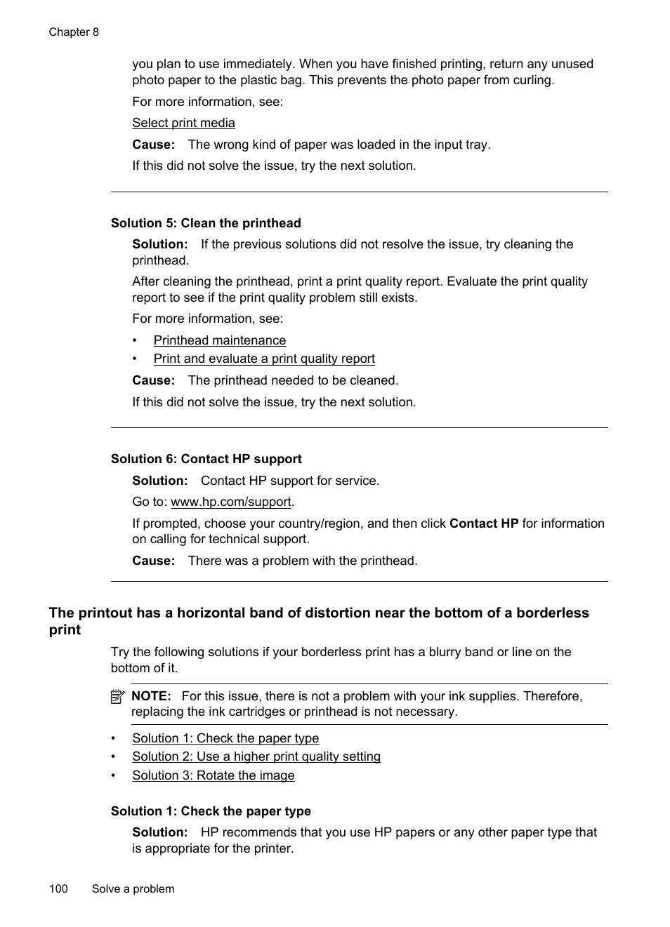 Solution 5: clean the printhead, Solution 6: contact hp support | HP Officejet 6500A Plus User Manual | Page 104 / 250