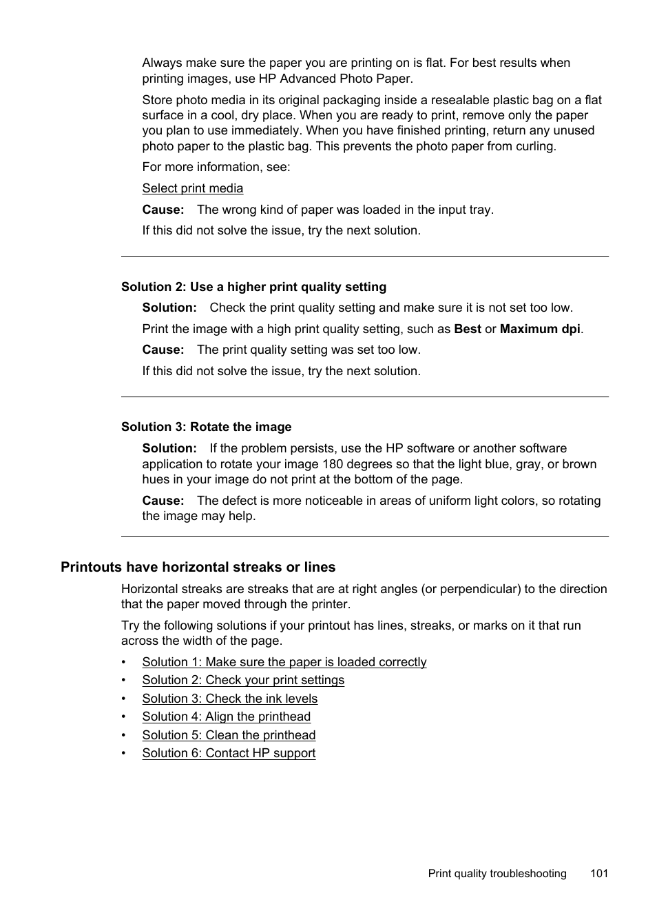 Printouts have horizontal streaks or lines, Solution 2: use a higher print quality setting, Solution 3: rotate the image | HP Officejet 6500A Plus User Manual | Page 105 / 250