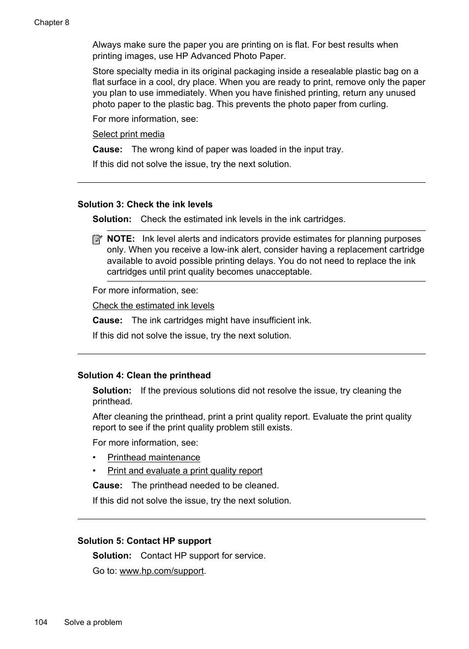 Solution 3: check the ink levels, Solution 4: clean the printhead, Solution 5: contact hp support | HP Officejet 6500A Plus User Manual | Page 108 / 250