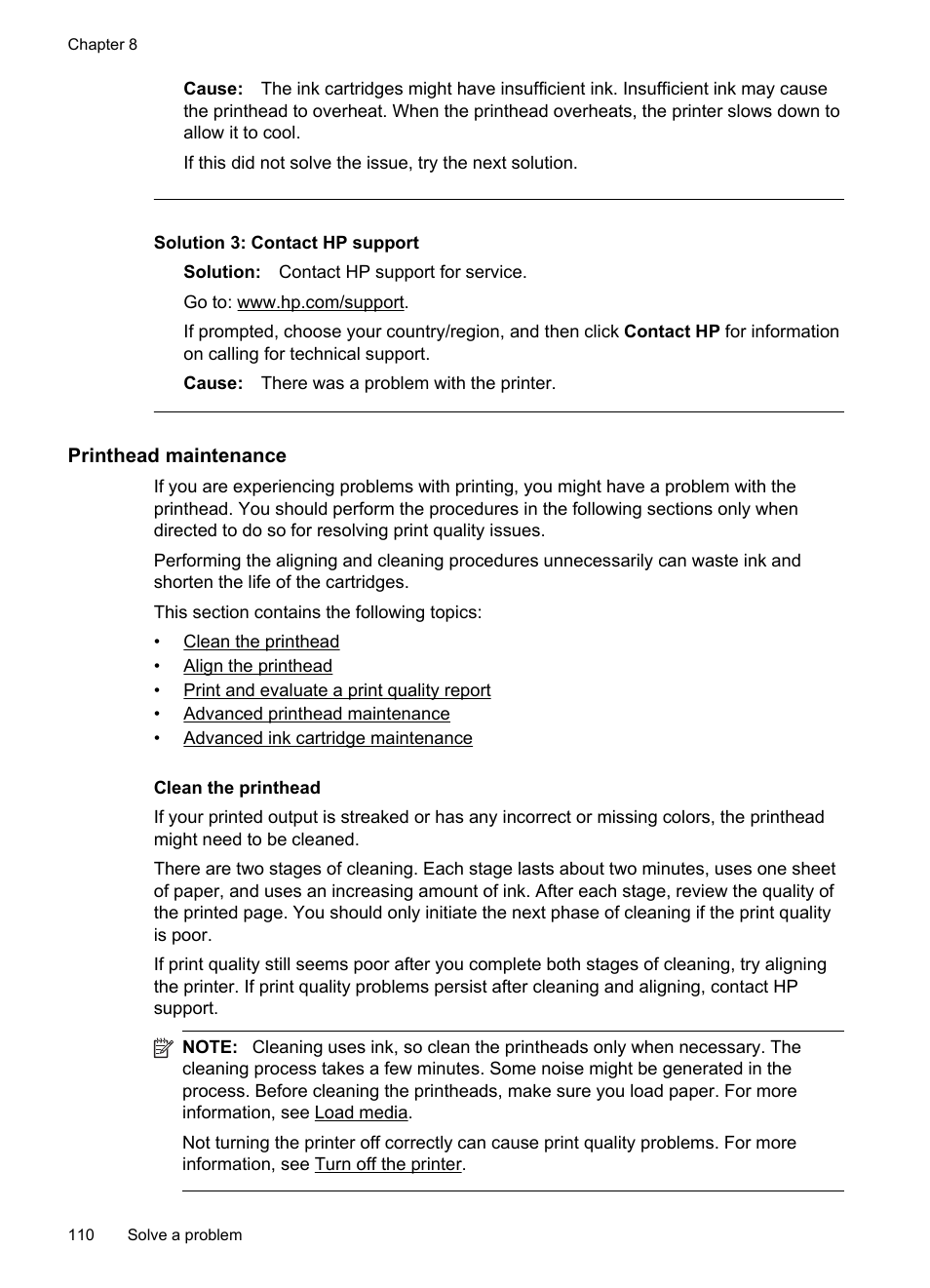 Printhead maintenance, Clean the printhead, Solution 3: contact hp support | HP Officejet 6500A Plus User Manual | Page 114 / 250