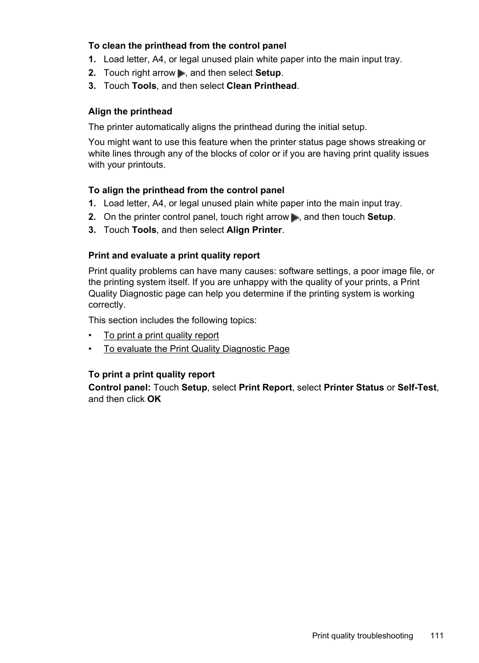 Align the printhead, Print and evaluate a print quality report | HP Officejet 6500A Plus User Manual | Page 115 / 250