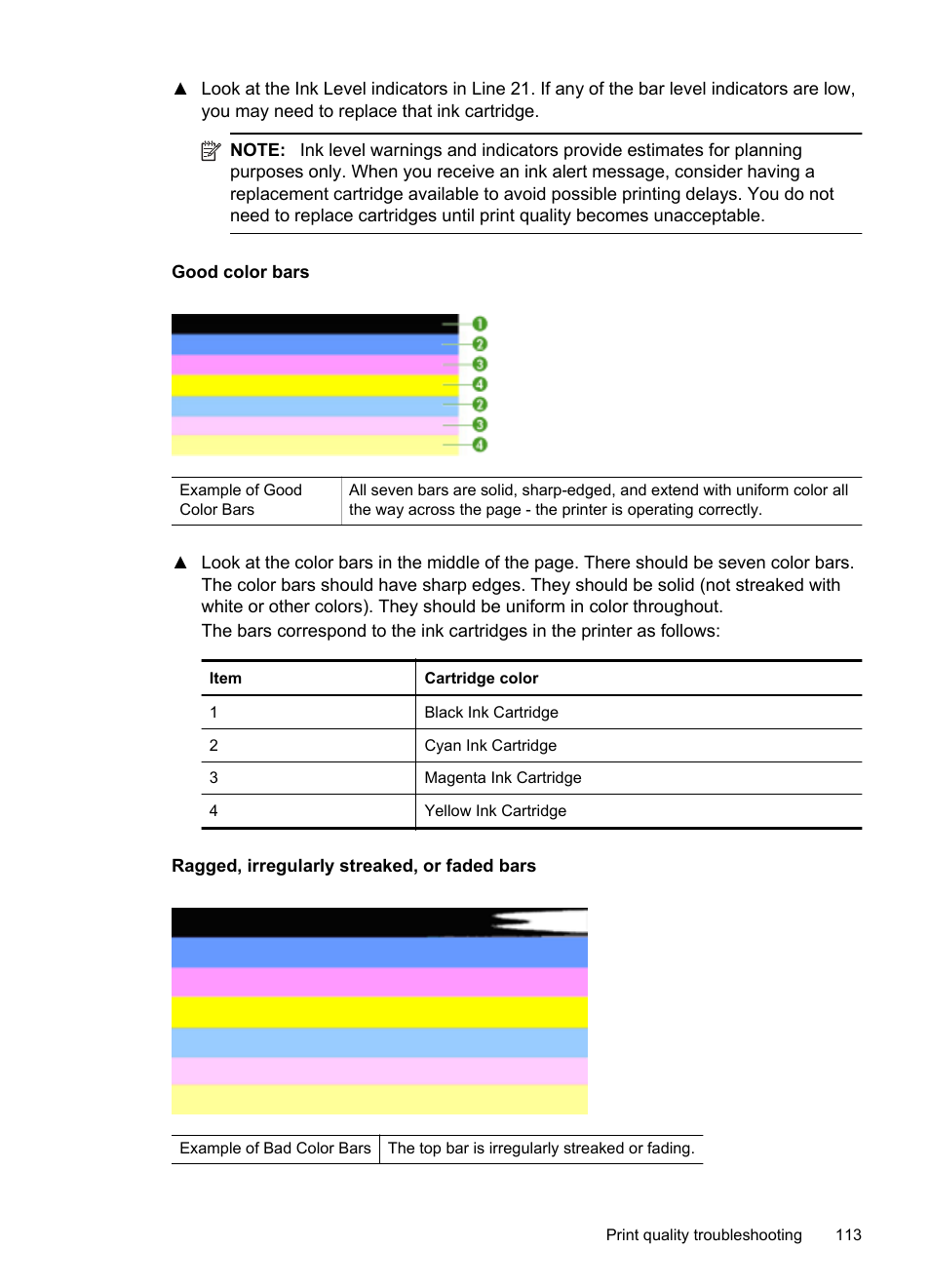 Good color bars, Ragged, irregularly streaked, or faded bars | HP Officejet 6500A Plus User Manual | Page 117 / 250