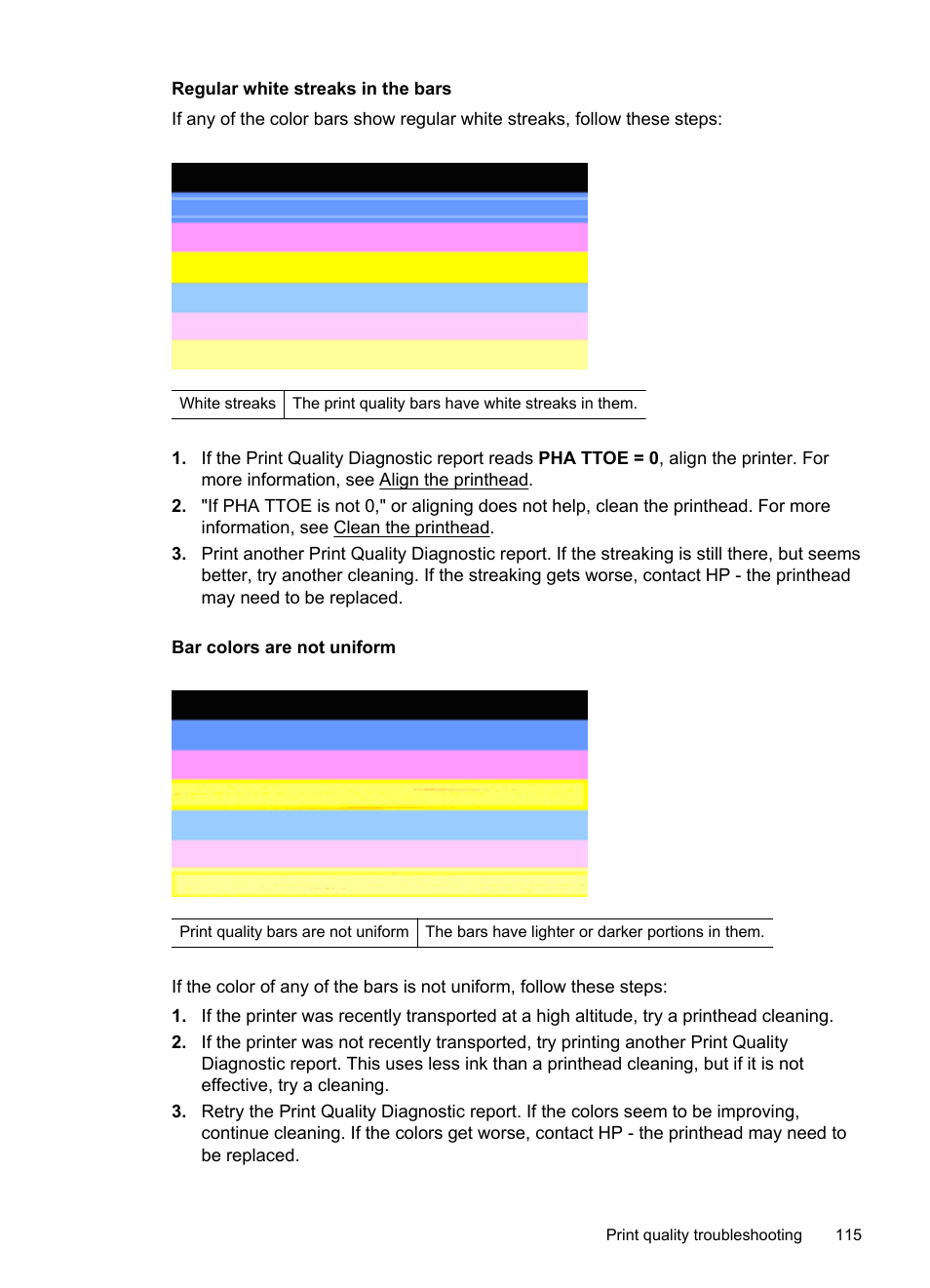 Regular white streaks in the bars, Bar colors are not uniform | HP Officejet 6500A Plus User Manual | Page 119 / 250