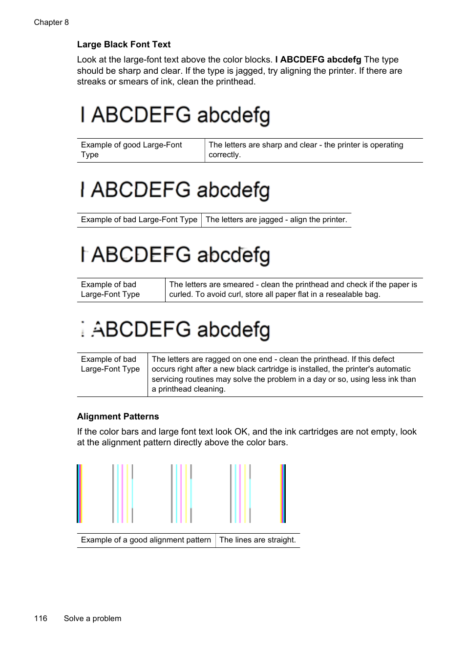 Large black font text, Alignment patterns | HP Officejet 6500A Plus User Manual | Page 120 / 250