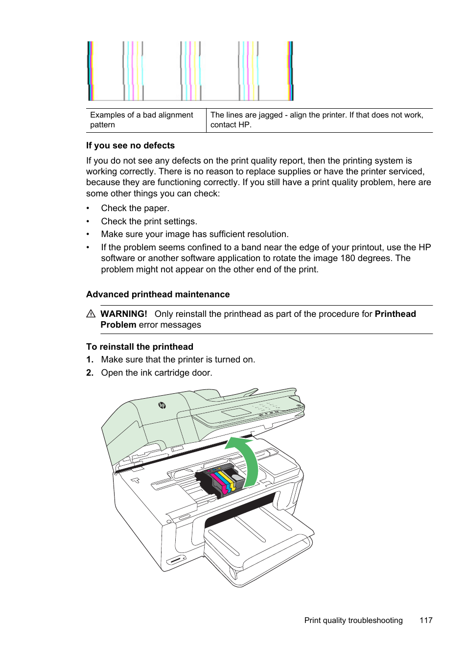 Advanced printhead maintenance, If you see no defects, Print quality troubleshooting 117 | HP Officejet 6500A Plus User Manual | Page 121 / 250