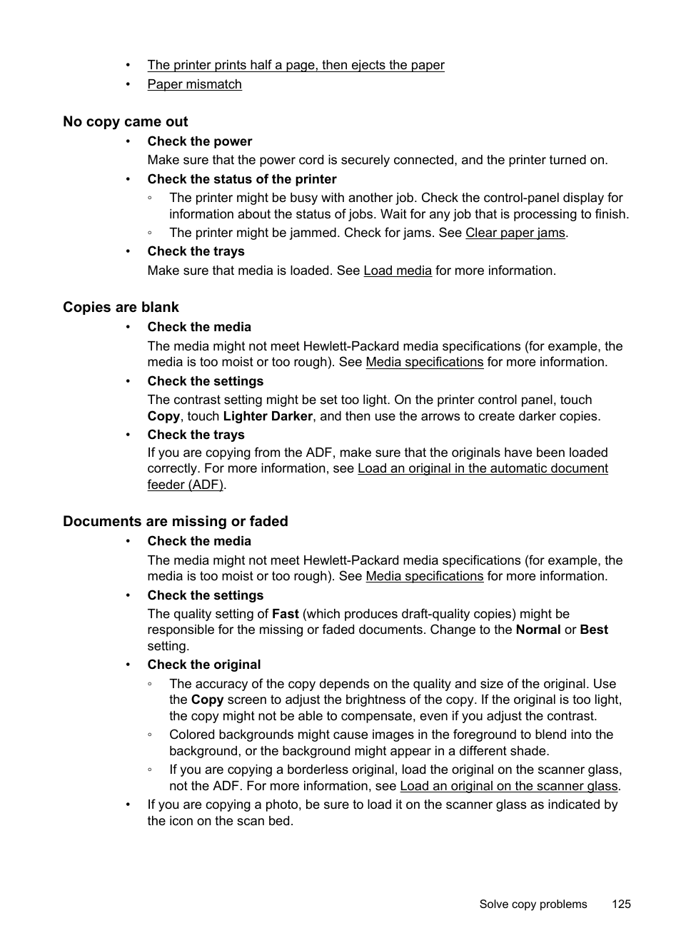 No copy came out, Copies are blank, Documents are missing or faded | HP Officejet 6500A Plus User Manual | Page 129 / 250