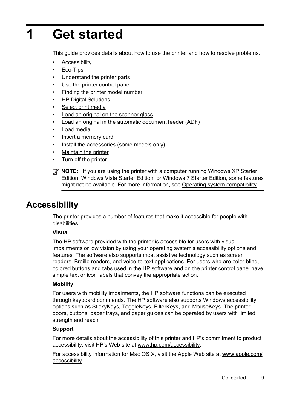 Get started, Accessibility, 1 get started | 1get started | HP Officejet 6500A Plus User Manual | Page 13 / 250