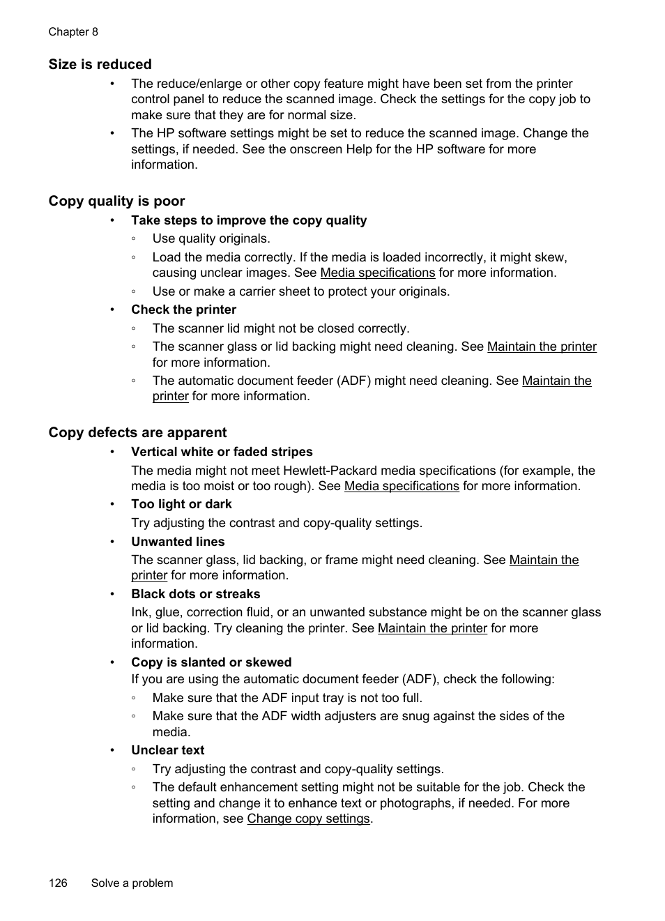 Size is reduced, Copy quality is poor, Copy defects are apparent | HP Officejet 6500A Plus User Manual | Page 130 / 250