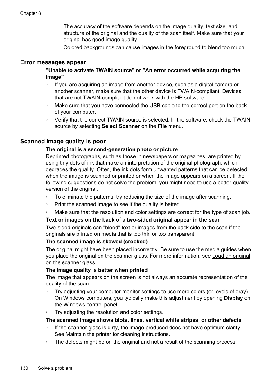 Error messages appear, Scanned image quality is poor | HP Officejet 6500A Plus User Manual | Page 134 / 250
