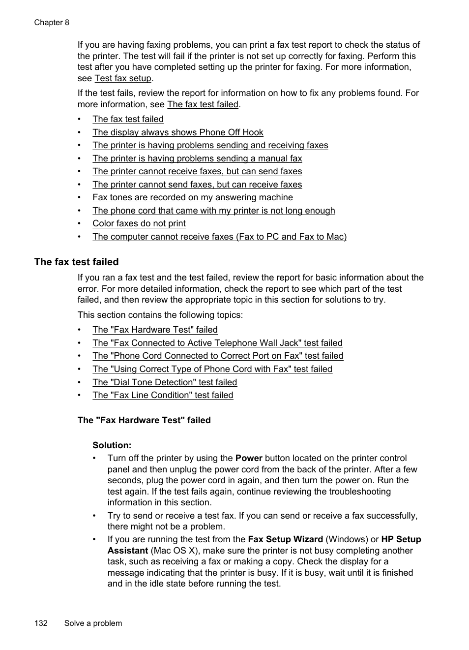 The fax test failed | HP Officejet 6500A Plus User Manual | Page 136 / 250