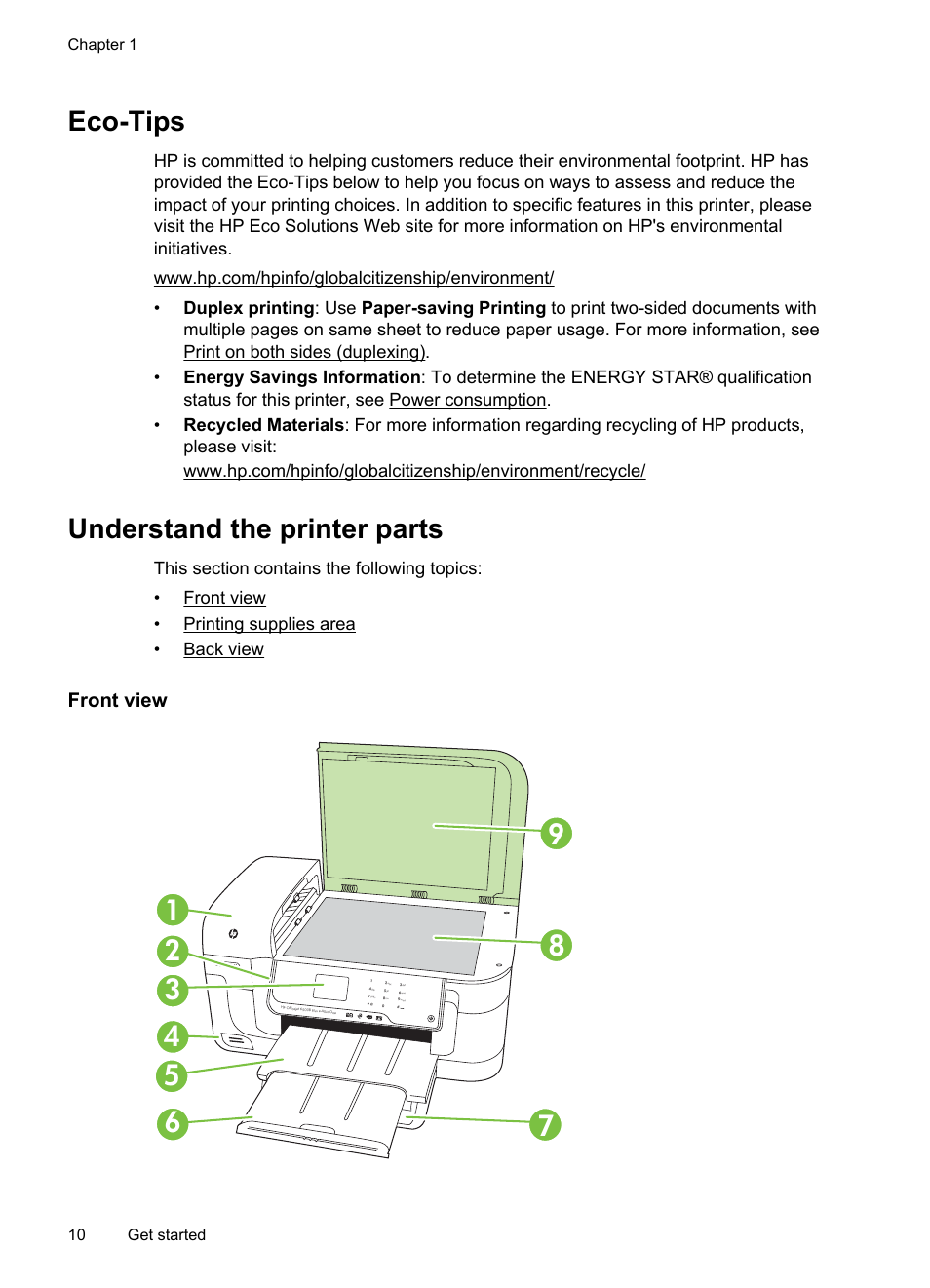 Eco-tips, Understand the printer parts, Front view | Eco-tips understand the printer parts, Front view printing supplies area back view, Chapter 1 10 get started | HP Officejet 6500A Plus User Manual | Page 14 / 250