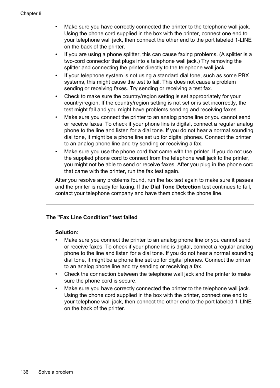The "fax line condition" test failed | HP Officejet 6500A Plus User Manual | Page 140 / 250
