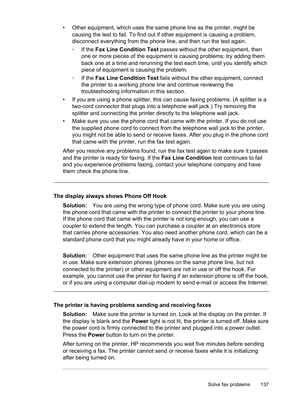 The display always shows phone off hook | HP Officejet 6500A Plus User Manual | Page 141 / 250