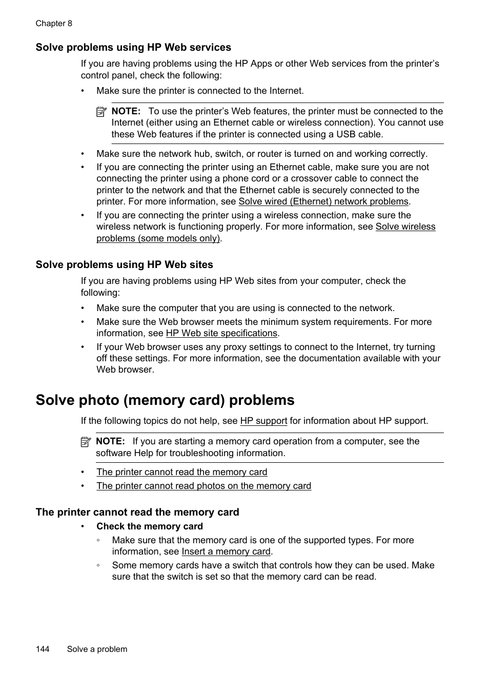 Solve problems using hp web services, Solve problems using hp web sites, Solve photo (memory card) problems | The printer cannot read the memory card | HP Officejet 6500A Plus User Manual | Page 148 / 250