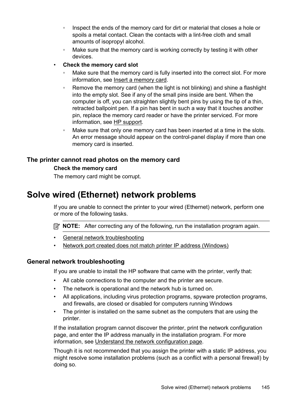 The printer cannot read photos on the memory card, Solve wired (ethernet) network problems, General network troubleshooting | See solve wired (ethernet) network problems | HP Officejet 6500A Plus User Manual | Page 149 / 250