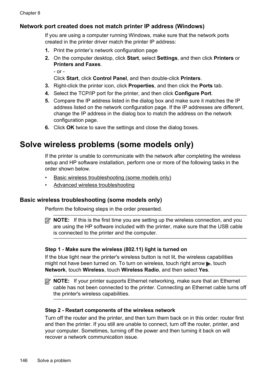 Solve wireless problems (some models only), Basic wireless troubleshooting (some models only) | HP Officejet 6500A Plus User Manual | Page 150 / 250