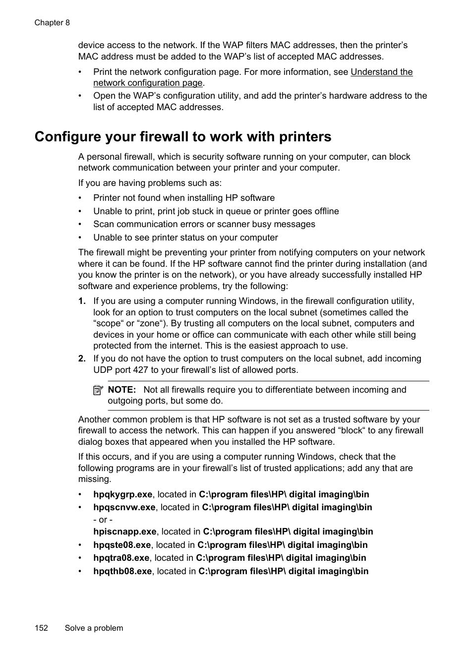 Configure your firewall to work with printers | HP Officejet 6500A Plus User Manual | Page 156 / 250