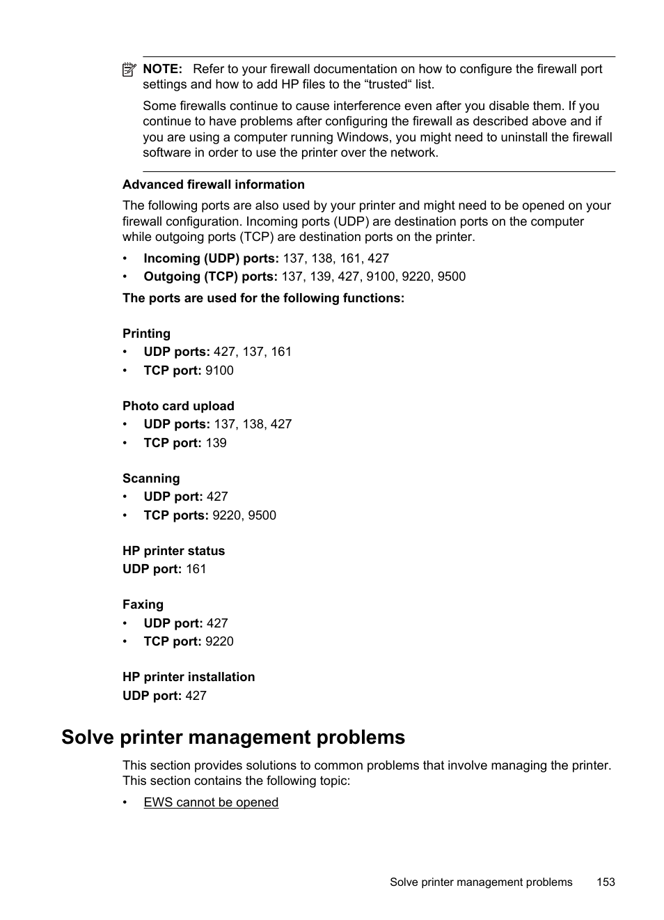 Solve printer management problems, Ews cannot be opened | HP Officejet 6500A Plus User Manual | Page 157 / 250