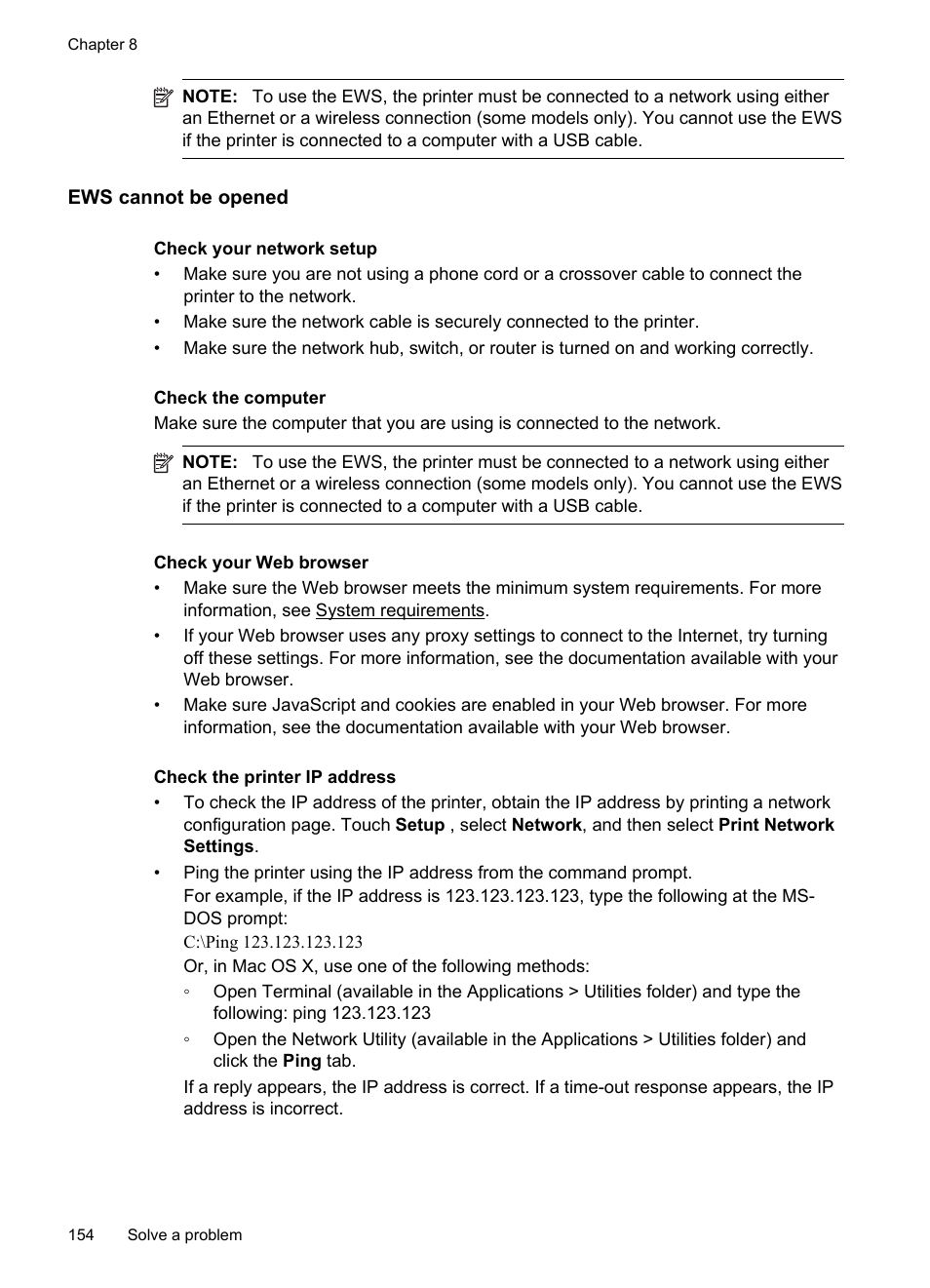Ews cannot be opened | HP Officejet 6500A Plus User Manual | Page 158 / 250