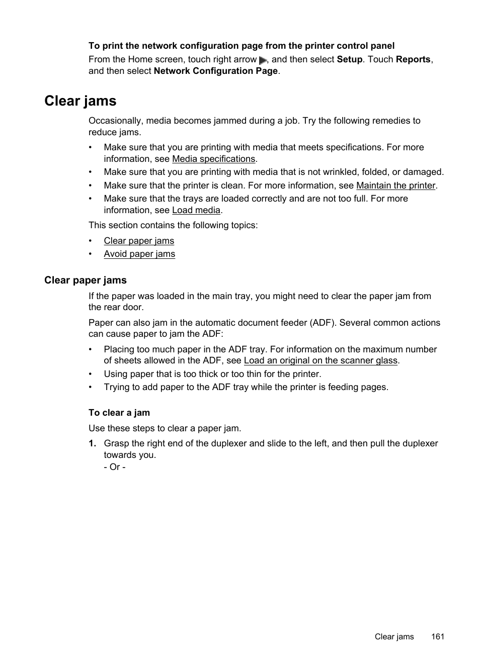 Clear jams, Clear paper jams, Clear paper jams avoid paper jams | See clear paper jams, E clear paper jams | HP Officejet 6500A Plus User Manual | Page 165 / 250