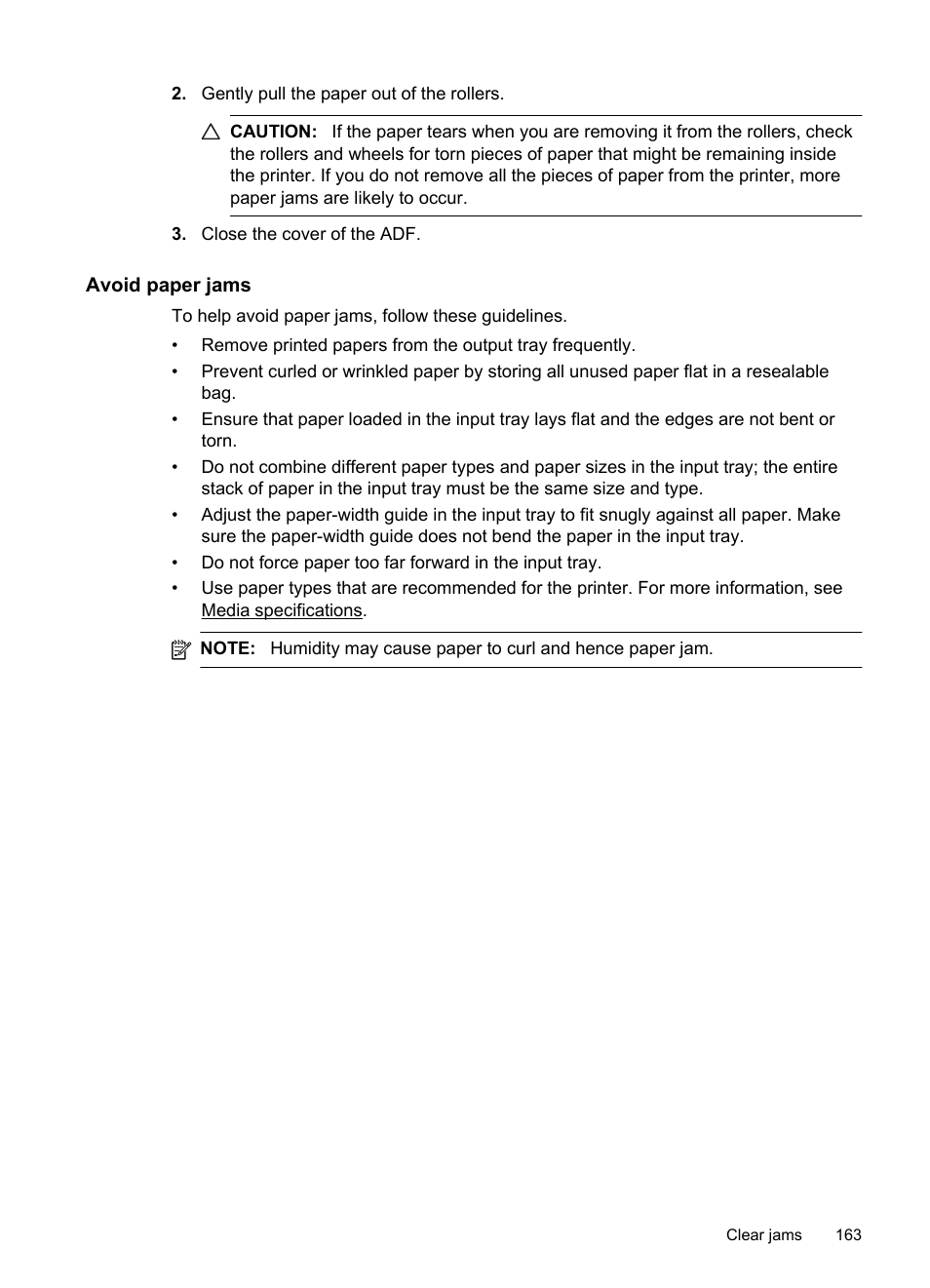 Avoid paper jams | HP Officejet 6500A Plus User Manual | Page 167 / 250