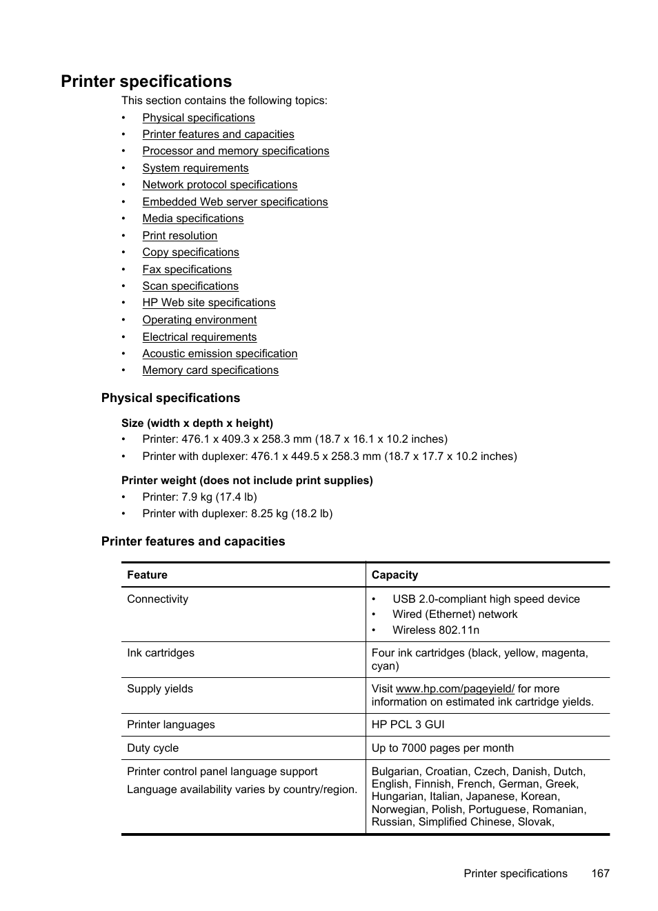 Printer specifications, Physical specifications, Printer features and capacities | HP Officejet 6500A Plus User Manual | Page 171 / 250