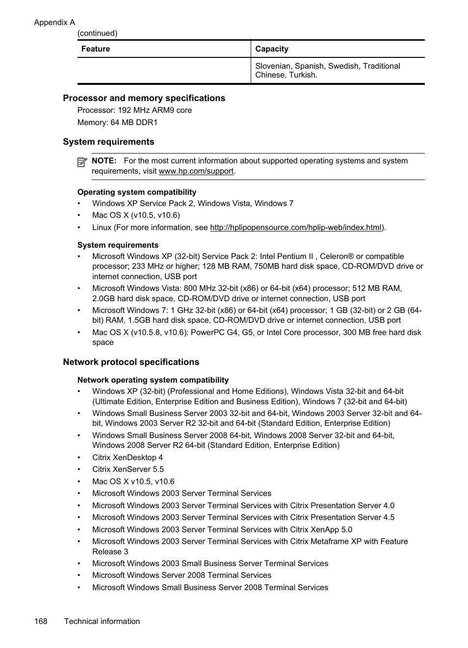 Processor and memory specifications, System requirements, Network protocol specifications | Operating system compatibility, Ation, see system requirements | HP Officejet 6500A Plus User Manual | Page 172 / 250