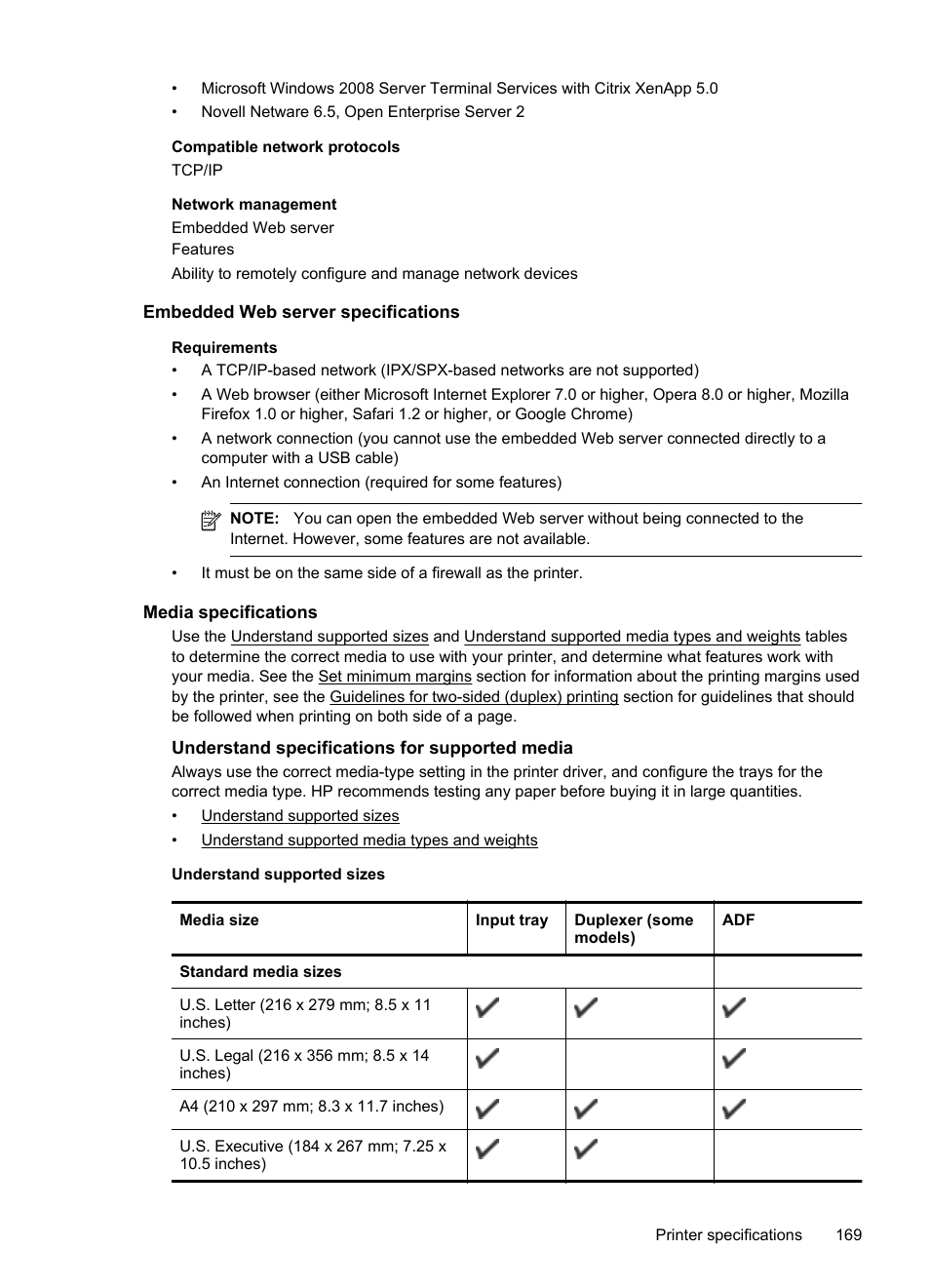 Embedded web server specifications, Media specifications, Understand specifications for supported media | See media specifications, E media specifications f, E media specifications | HP Officejet 6500A Plus User Manual | Page 173 / 250