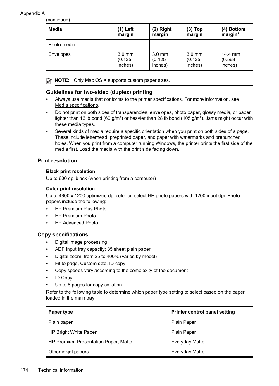 Guidelines for two-sided (duplex) printing, Print resolution, Copy specifications | HP Officejet 6500A Plus User Manual | Page 178 / 250