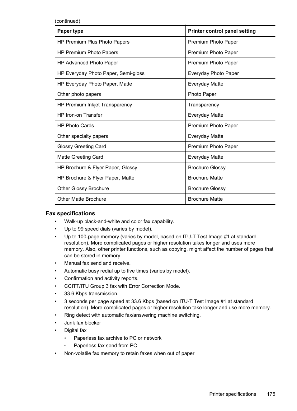 Fax specifications | HP Officejet 6500A Plus User Manual | Page 179 / 250