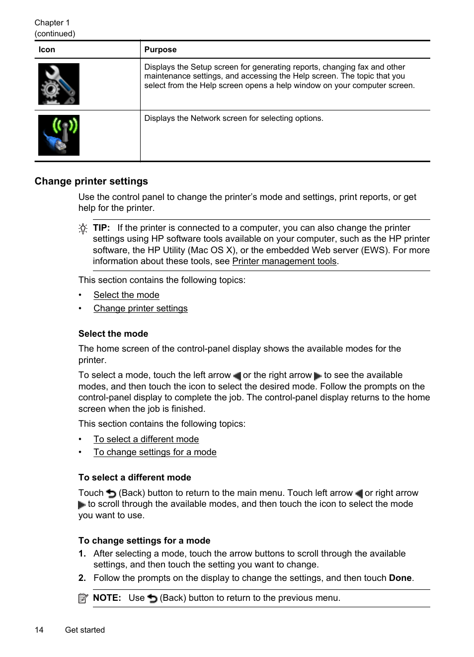 Change printer settings, Select the mode | HP Officejet 6500A Plus User Manual | Page 18 / 250