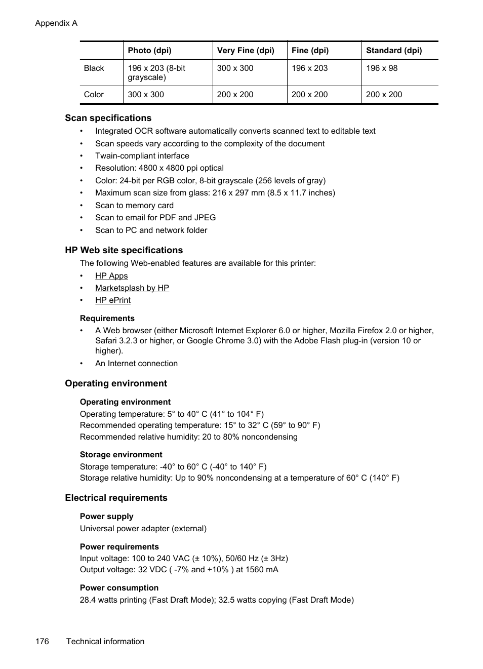 Scan specifications, Hp web site specifications, Operating environment | Electrical requirements, S, see electrical requirements | HP Officejet 6500A Plus User Manual | Page 180 / 250
