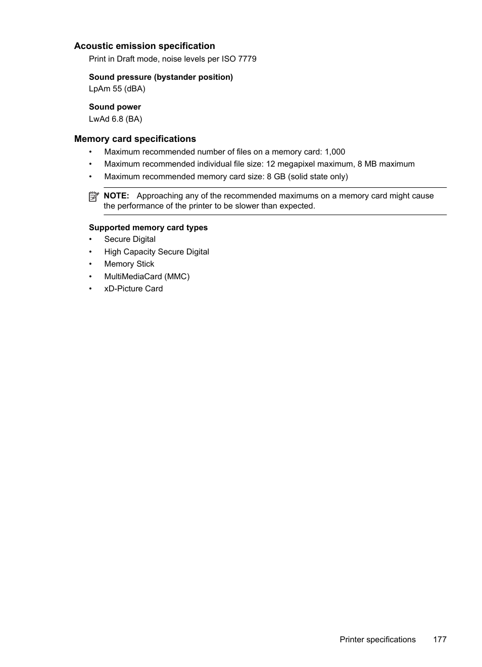 Acoustic emission specification, Memory card specifications | HP Officejet 6500A Plus User Manual | Page 181 / 250