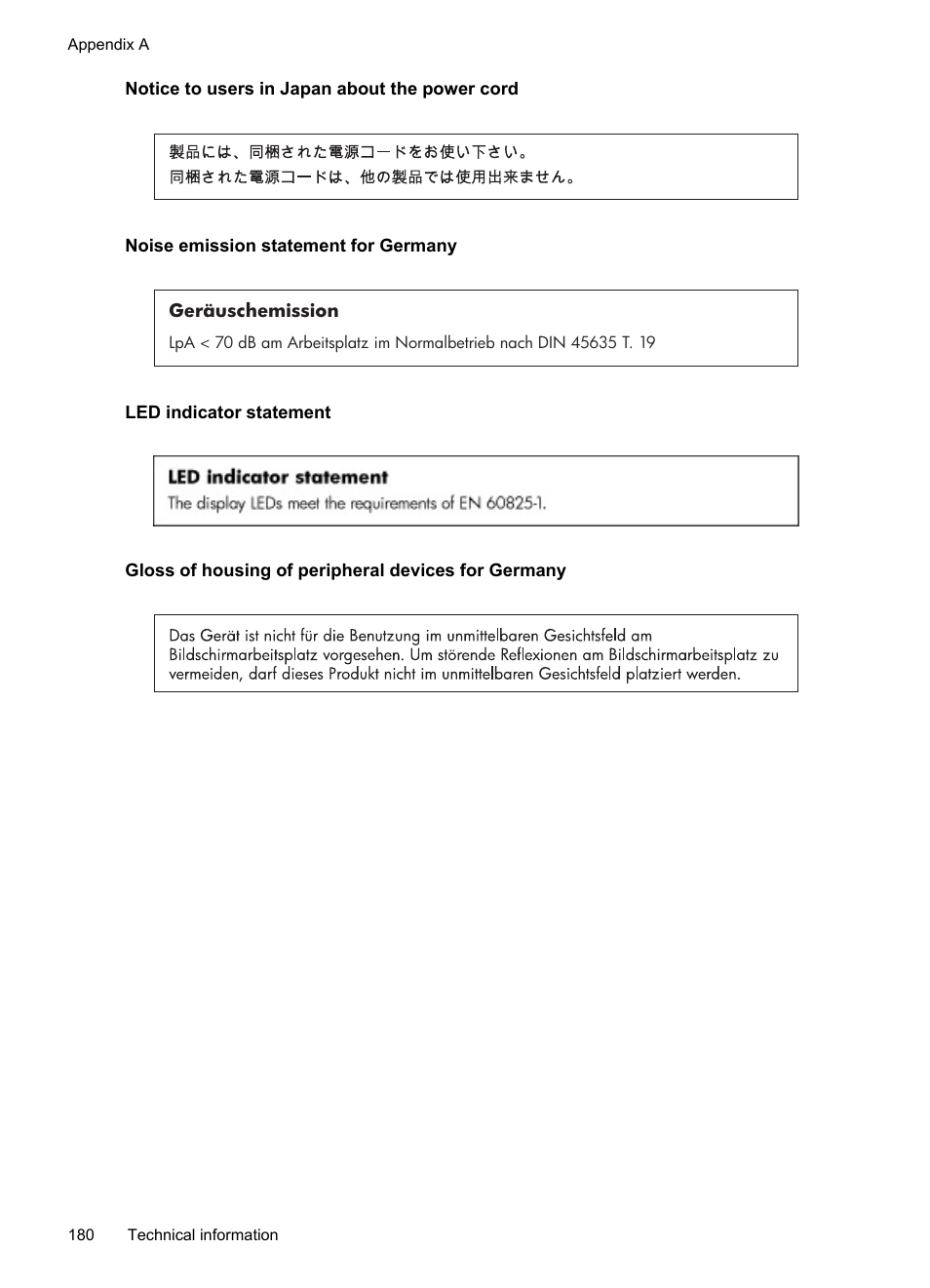 Notice to users in japan about the power cord, Noise emission statement for germany, Led indicator statement | Gloss of housing of peripheral devices for germany | HP Officejet 6500A Plus User Manual | Page 184 / 250